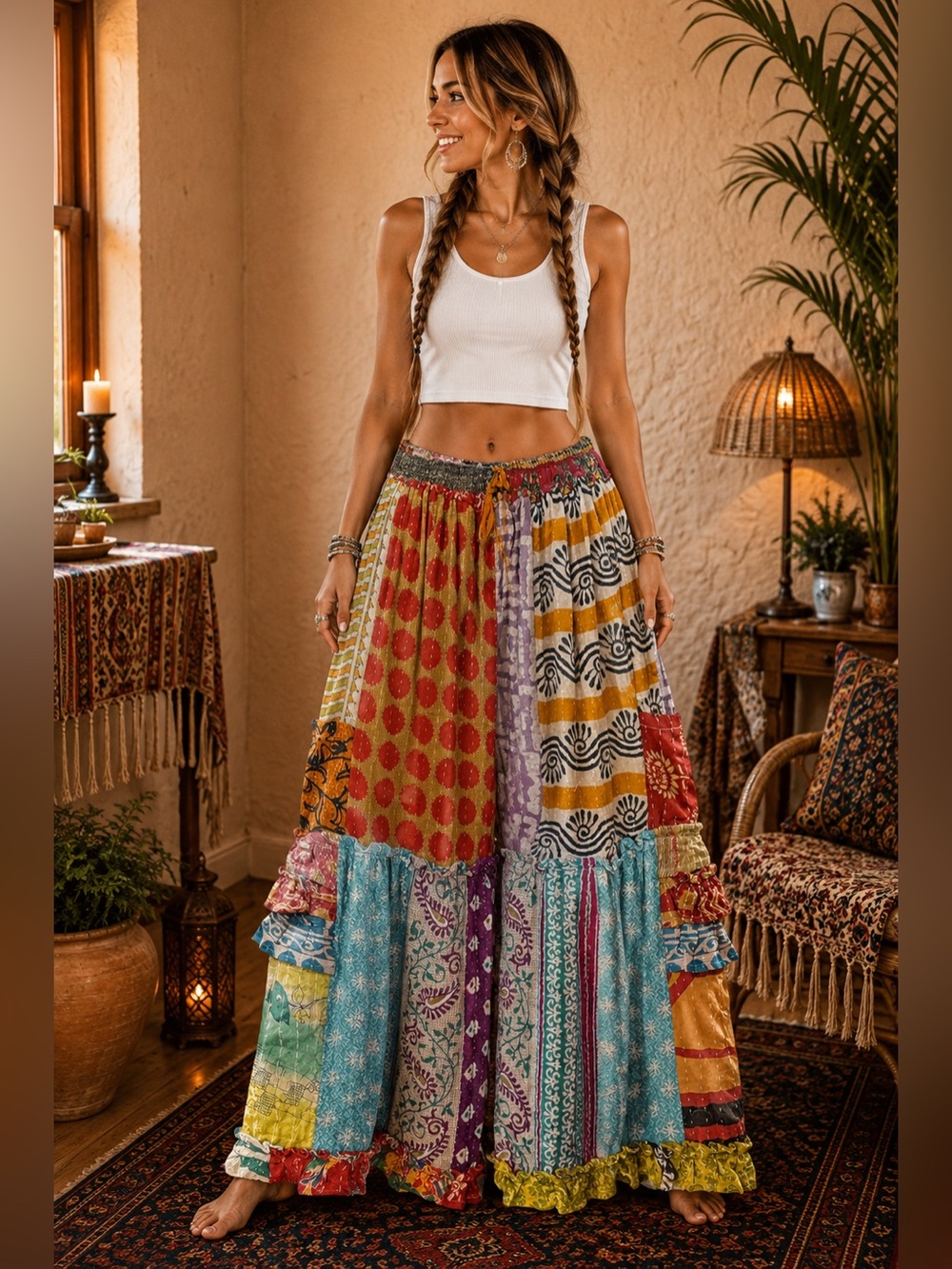 KANTHA Patchwork Palazzo Pants Reversible Ruffle Tiered Wide Leg Boho #14